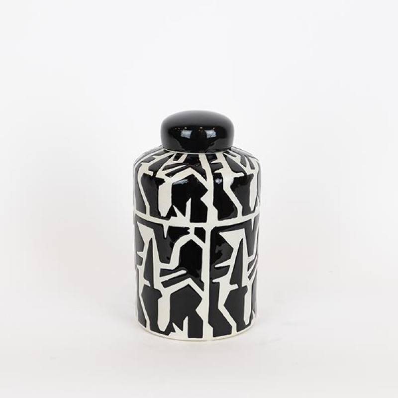 VASE, WITH TOP, CERAMIC, BLACK & BEIGE, 13x13x21CM 752-20324