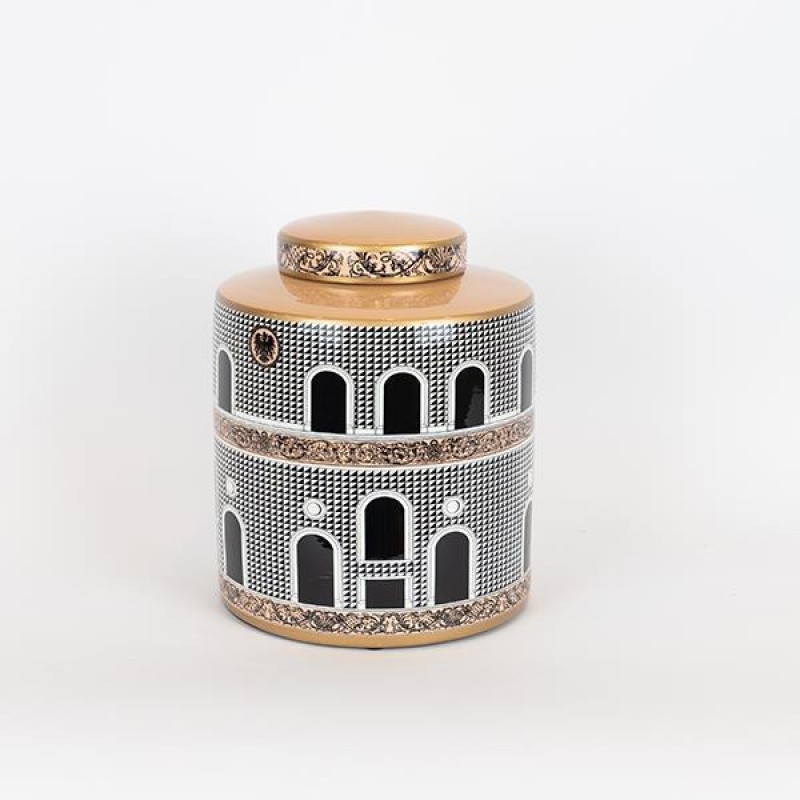 VASE,WITH TOP, CERAMIC, BLACK -GOLD-WHITE, 20x20x24CM 752-20327