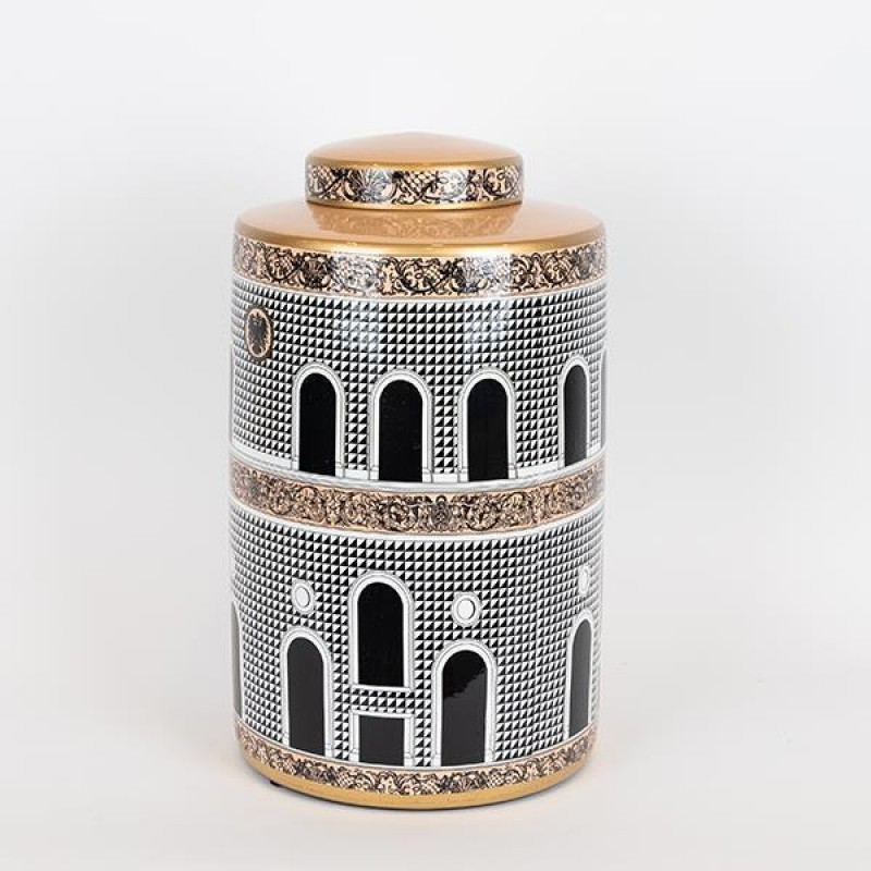 VASE, WITH TOP, CERAMIC, BLACK-GOLD-WHITE, 20x20x33CM 752-20328