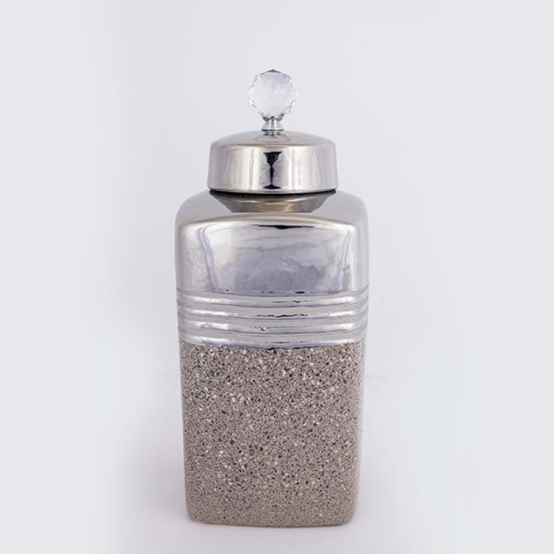 VASE, WITH TOP, CERAMIC, SILVER & BROWN,16.5x16.5x36CM 752-20329