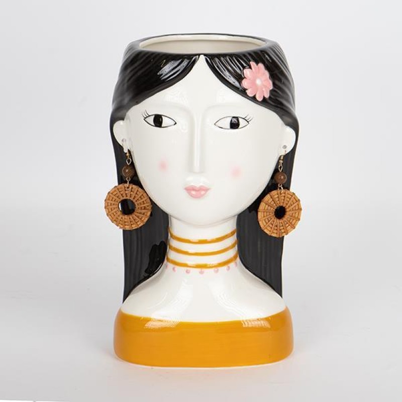 VASE,  CERAMIC, LADYS FACE, WHITE-BLACK-ORANGE, 15.20x1x25.5cm 752-20369
