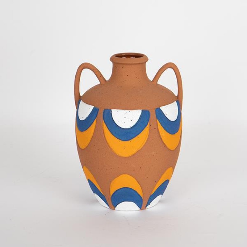 VASE, CERAMIC, TERRACOTA, BLUE, WHITE, ORANGE,14.5x14.5x20.5 752-20374