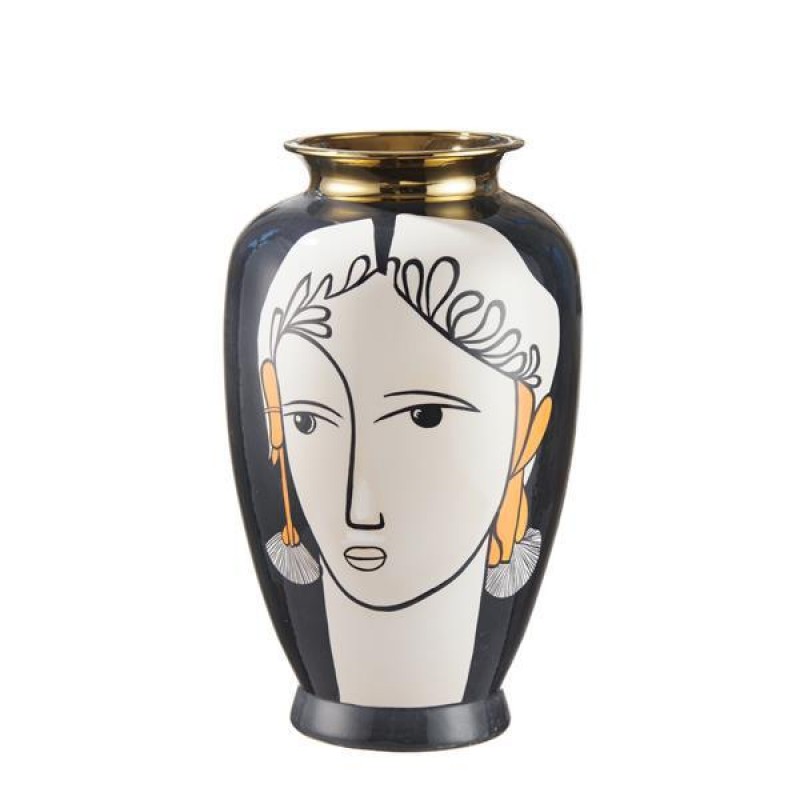 VASE , CERAMIC WITH A FACE, BLACK & GOLD, 21x21x35cm 752-20413