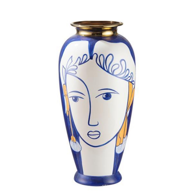 VASE , CERAMIC WITH A FACE, BLUE & GOLD, 21.8x21.8x46cm 752-20414