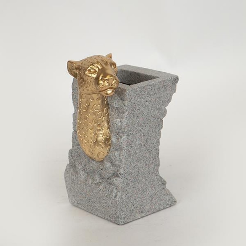 VASE,SANDSTONE, LEOPARD, GREY-GOLD, 12.5x11.3x20.2cm 752-21048