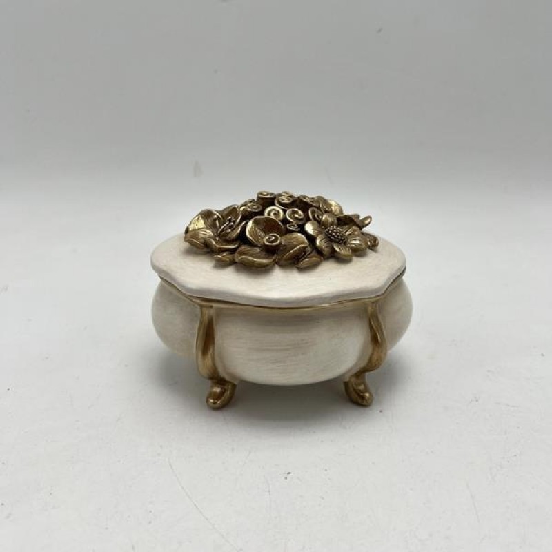 BOWL WITH LID, POLYRESIN, WHITE-GOLD, 12x10x8,.8cm 752-21113 BOWL WITH LID, POLYRESIN, WHITE-GOLD, 12x10x8,.8cm 752-21113