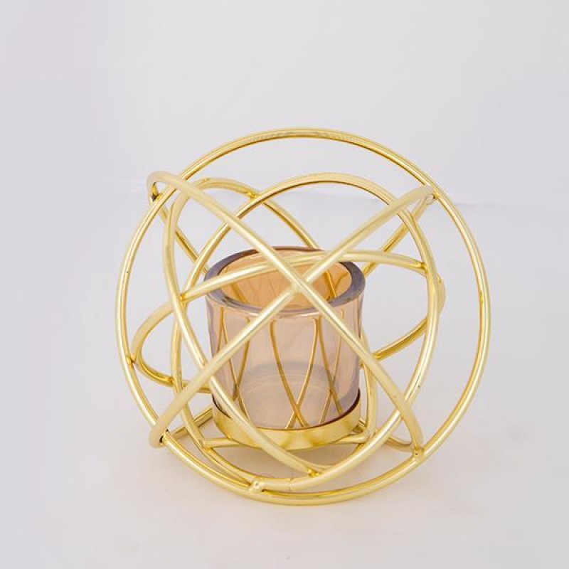 CANDLE HOLDER WITH AMBER GLASS, METAL, GOLD, 1 POSITION,  15*13cm 752-24040