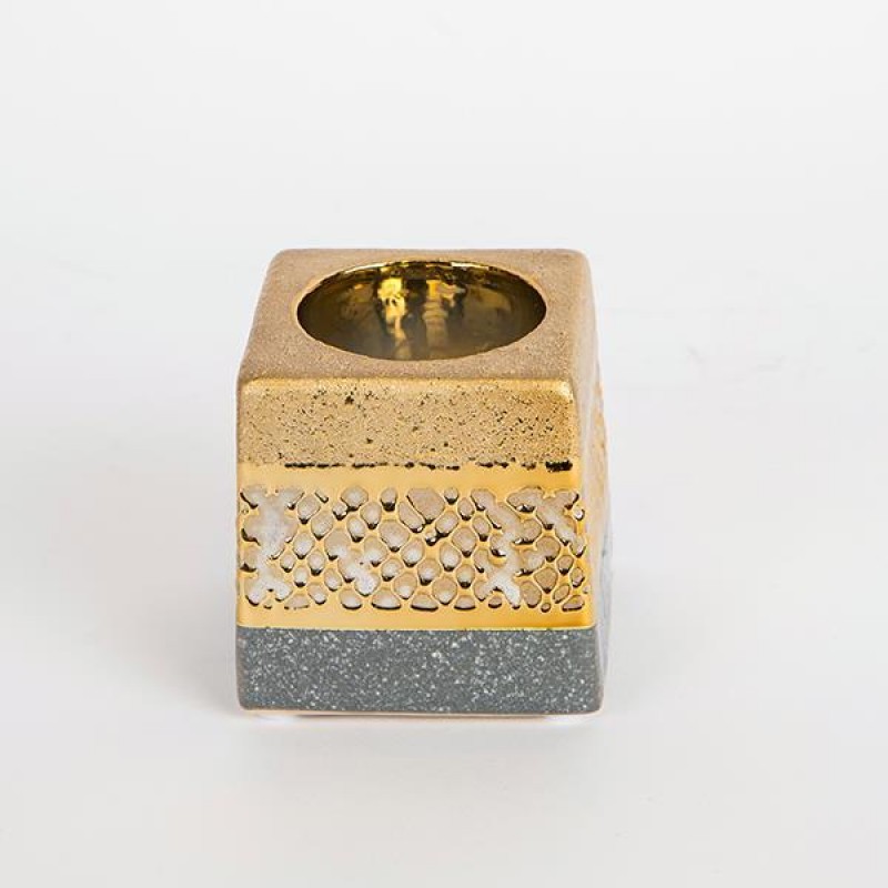 CANDLE HOLDER, CERAMIC, GOLD & GREY, 1 POSITION, 7x7x7cm 752-25033