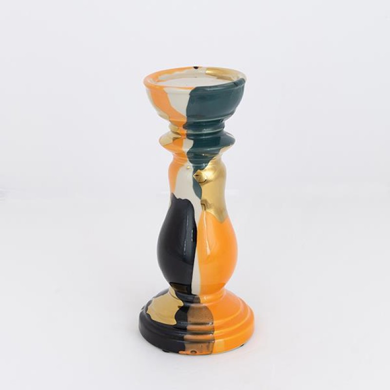 CANDLE HOLDER, CERAMIC,ORANGE-DARK GREEN-GOLD, 11.8x11.8x26cm 752-25041
