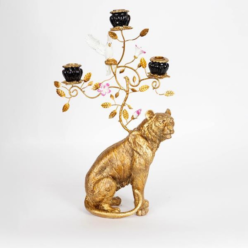 CANDLE HOLDER LEOPARD, POLYRESIN,GOLD, 3 POSITIONS, 30x15x50cm 752-26022