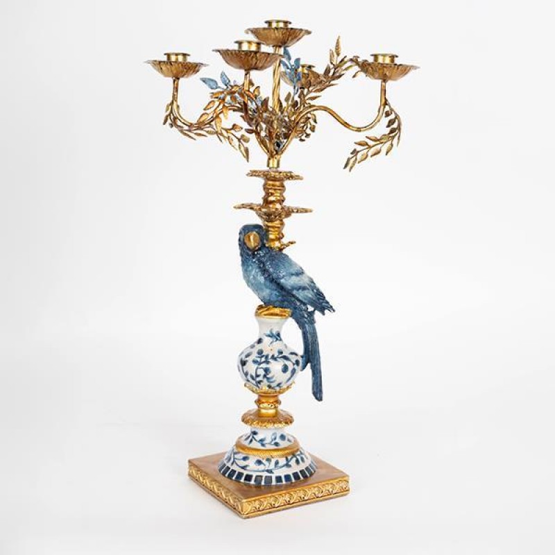CANDLE HOLDER PARROT, POLYRESIN, BLUE & BROWN& GOLD, 5 POSITIONS, 24x24x51.5cm 752-26027