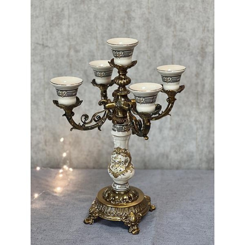 CANDLE HOLDER, PORCELAIN, WHITE WITH GOLD FLOWERS, 29x29x38cm 752-26038
