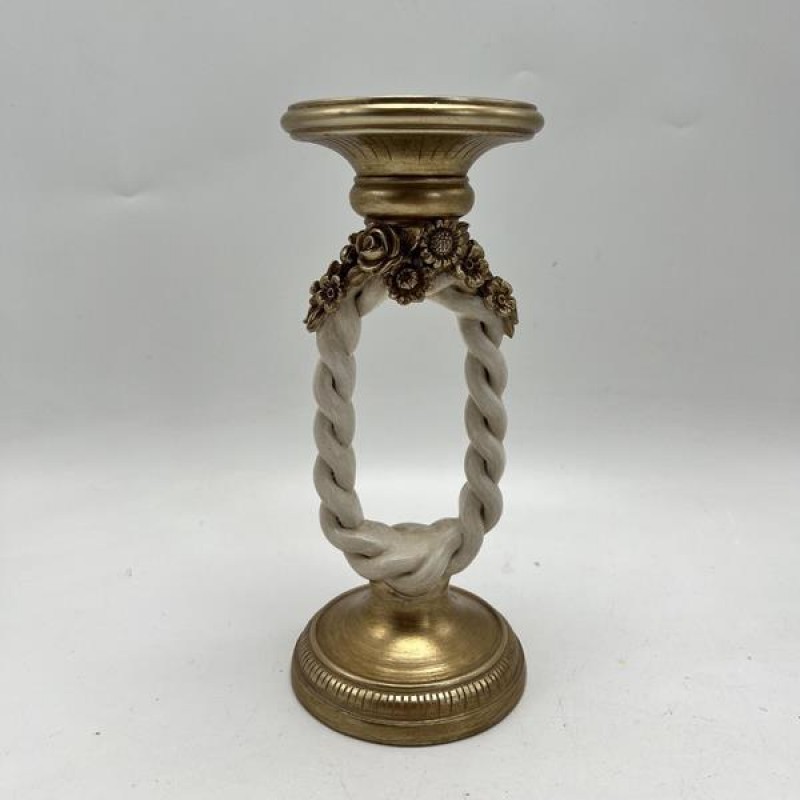 CANDLE HOLDER, POLYRESIN, GOLD & WHITE WITH FLOWERS, 10.5x10.5x24cm 752-26053