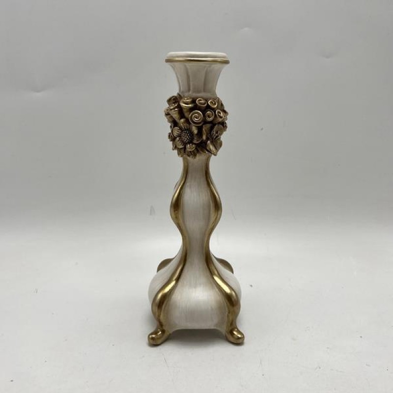 CANDLE HOLDER, POLYRESIN, GOLD & WHITE WITH FLOWERS, 8x8x23.5cm 752-26054