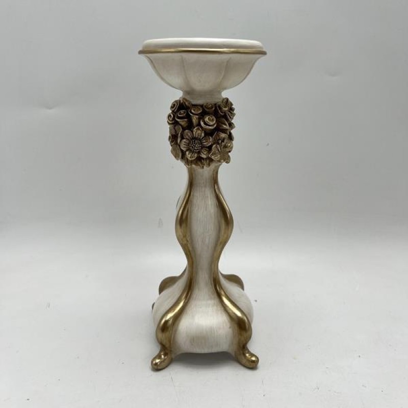 CANDLE HOLDER, POLYRESIN, GOLD & WHITE WITH FLOWERS, 10x10x27.5cm 752-26055