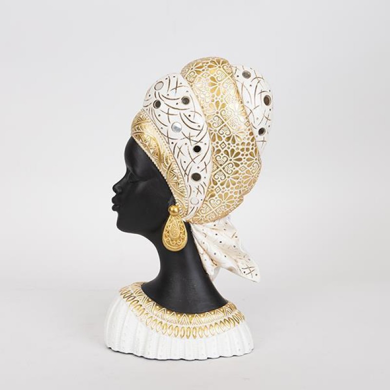 DECORATIVE SCULPTURE, RESIN, FEMALE IN GOLD TURBAN, WHITE-GOLD-BLACK 17.5x10x31cm 752-27045