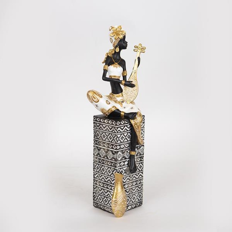 DECORATIVE SCULPTURE, RESIN, FEMALE WITH MUSICAL INSTRUMENT ΟΝ A BASE, WHITE-GOLD-BLACK,13x9.5x38cm 752-27050