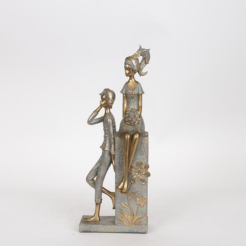 DECORATIVE SCULPTURE, RESIN, COUPLE, GREEN-GOLD 13x9x34.5cm 752-27053