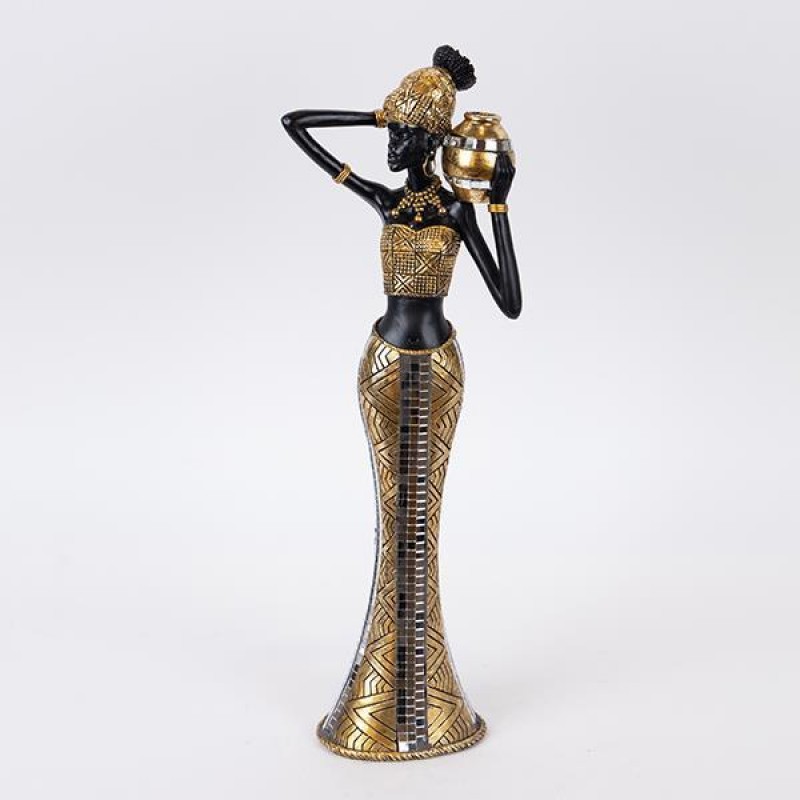DECORATIVE SCULPTURE, FEMALE WITH AN AMPHORA, POLYRESIN,BLACK-GOLD-SILVER, 13x7.5x39.5cm 752-27159
