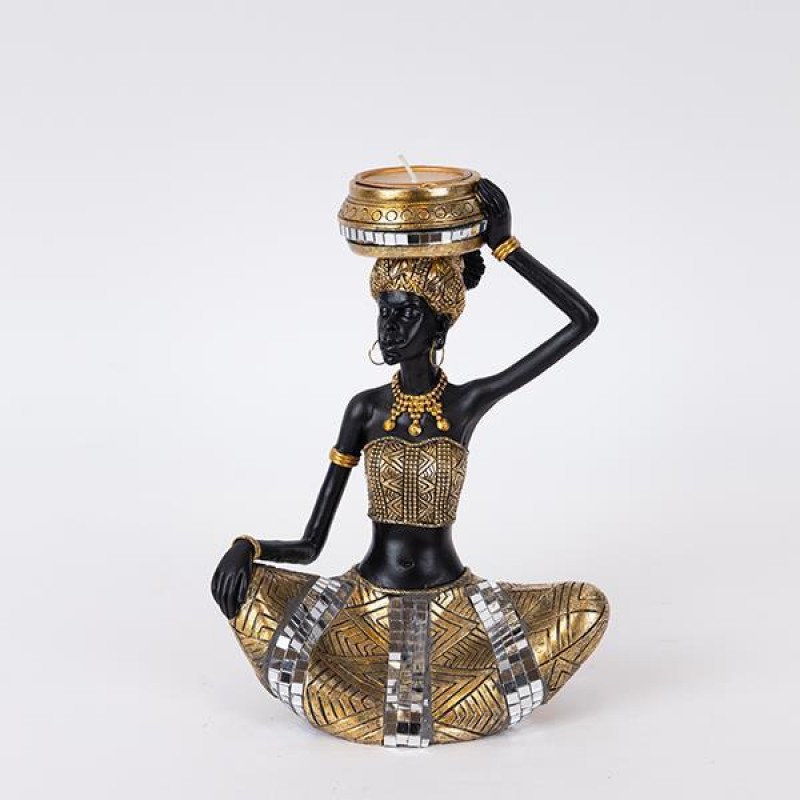 DECORATIVE SCULPTURE, FEMALE WITH AN AMPHORA, POLYRESIN,BLACK-GOLD-SILVER, 17.5x13x23.5cm 752-27160