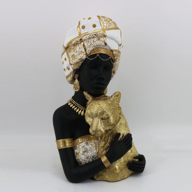 TABLE DECORATION SCULPTURE, WOMAN WITH TIGER, BLACK-WHITE-GOLD, 18x17x32cm 752-27202