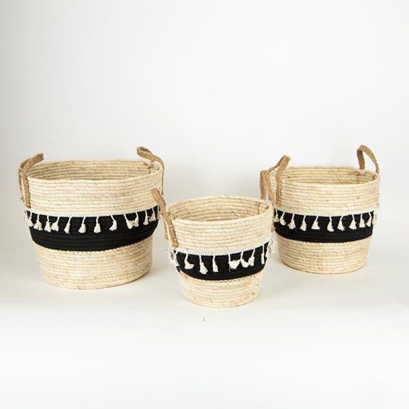 STRAW BASKETS, BROWN & BLACK , SET 3PCS, 3 SIZES 752-32014