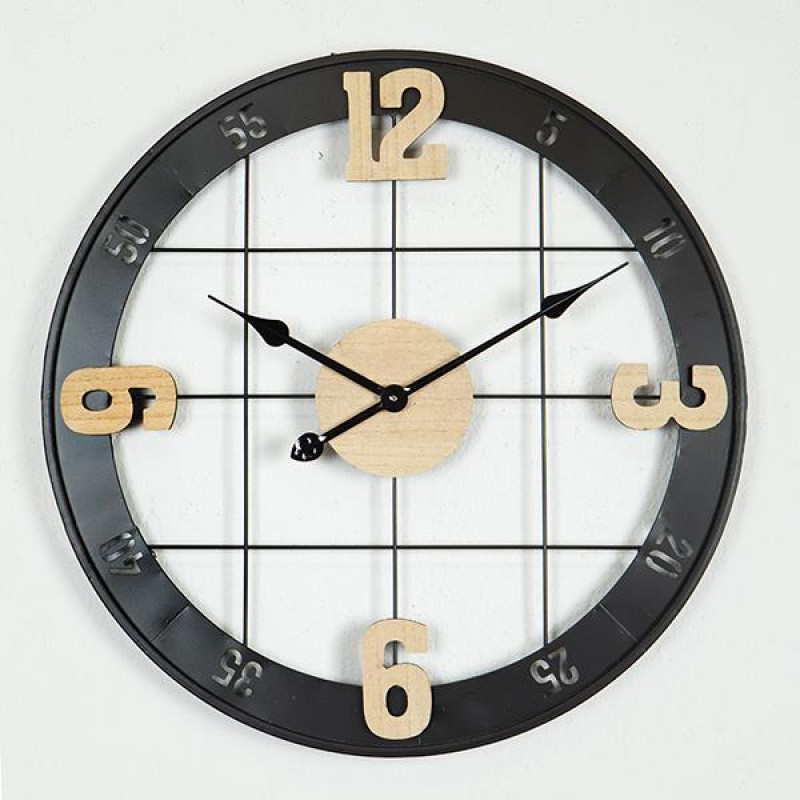 WALL CLOCK, METAL-WOOD, BLACK-NATURAL, 60x4.5x60cm 753-10032