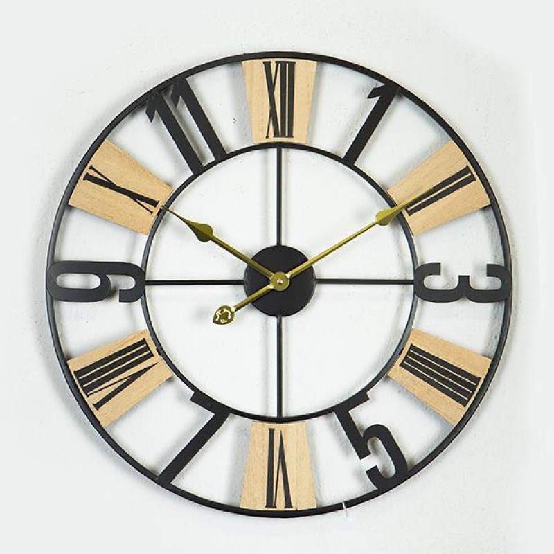 WALL CLOCK, METAL-WOOD, BLACK-NATURAL-GOLD, 60x4.5x60cm 753-10033