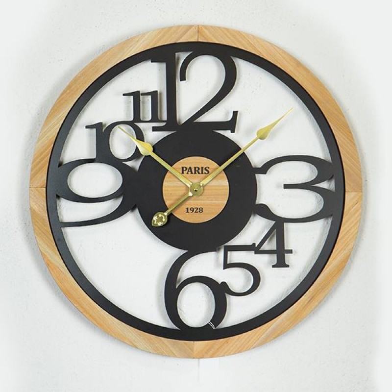 WALL CLOCK, METAL-WOOD, BLACK-NATURAL, 60x4.5x60cm 753-10034