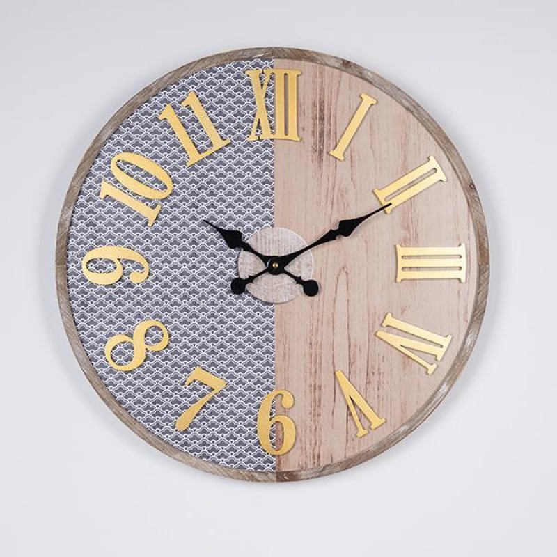 WALL CLOCK, MDF-IRON, ANTIQUE, GOLD-GREY-NATURAL, 60x5x60cm 753-10042