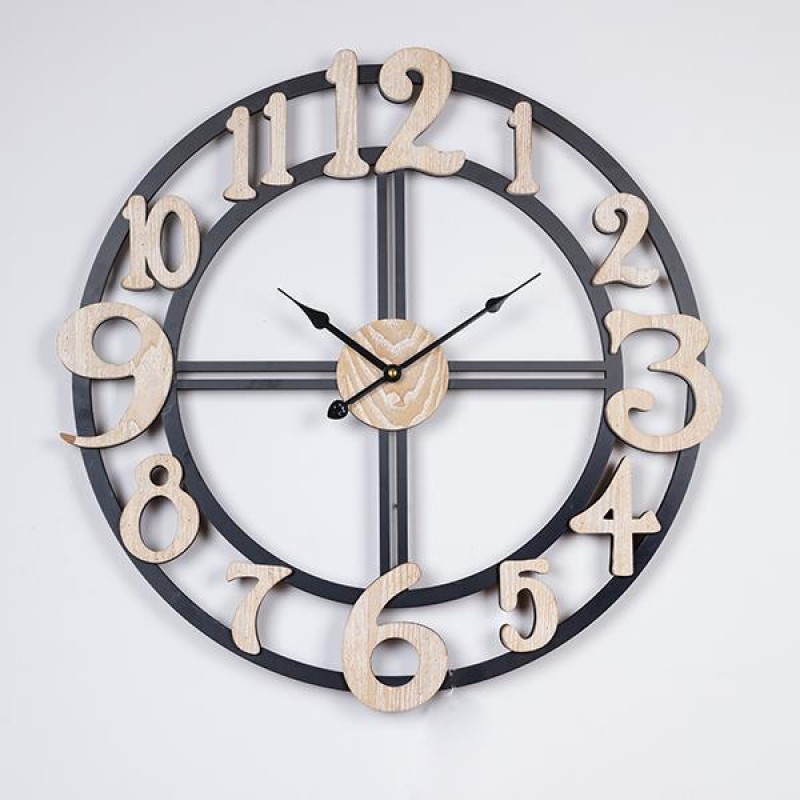 WALL CLOCK, WOOD-IRON, ANTIQUE,  BLACK- NATURAL, 60x4.5x60cm 753-10054
