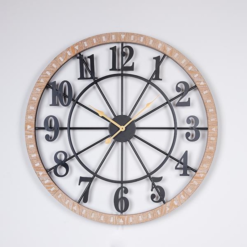 WALL CLOCK, IRON- WOOD, ANTIQUE,BLACK-NATURAL, GOLD60x4.5x60cm 753-10056