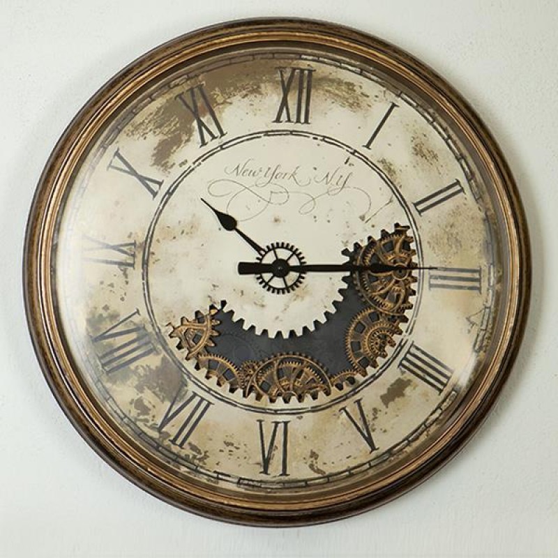 WALL CLOCK, PL, WITH GEAR-WHEEL, ANTIQUE, BROWN-BEIGE, 76x76x10cm 753-12011