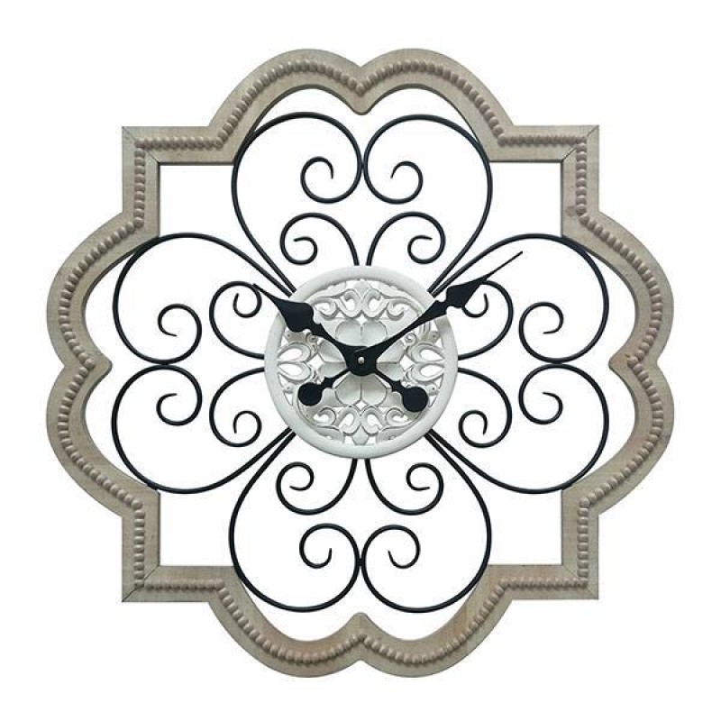 WALL CLOCK, WOODEN, BLACK & BROWN NATURAL, FLOWER DESIGN, 70X4.5CM 753-13018