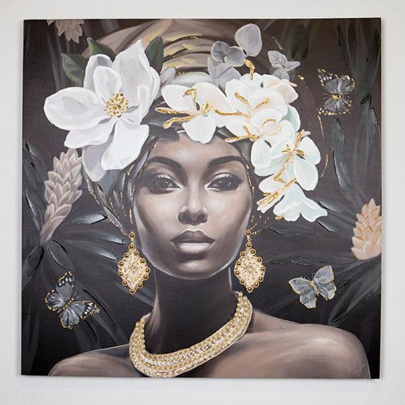 CANVAS WALL ART, FEMALE, WITH FLOWERS ON HEAD,WHITE- BLACK-GREY 100x100x3cm 755-12045