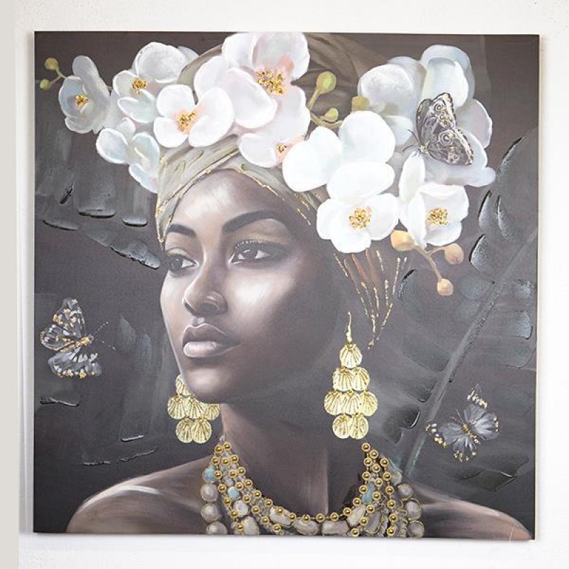 CANVAS WALL ART, FEMALE, WITH FLOWERS ON HEAD,WHITE- BLACK-GREY 100x100x3cm 755-12046