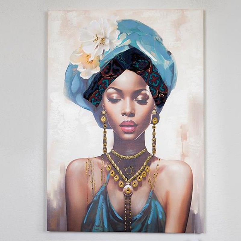 CANVAS WALL ART, FEMALE, IN LIGHT BLUE TURBAN,  70x100x3cm 755-12048