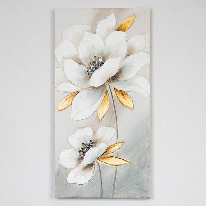 CANVAS WALL ART, FLOWER, WHITE & GOLD, 60x90x3cm 755-12054