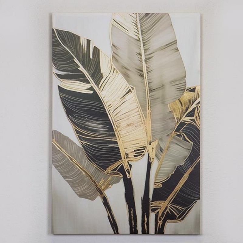 CANVAS PRINT, FERN LEAVES, GREY-GOLD-BLACK, 60x90cm 755-12092
