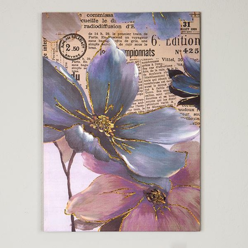 CANVAS PAINTING,  FLOWER-NEWSPAPER, BABY-BLUE, PINK- WHITE, 50x2,5x70cm 755-12101