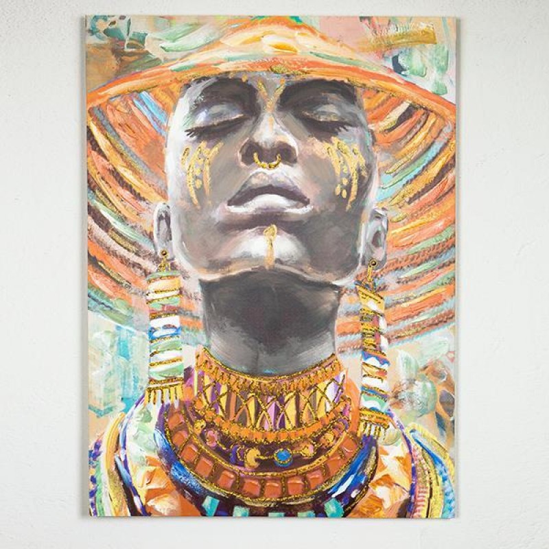 CANVAS  PAINTING,  WOMANS FACE WITH TURBAN, ORANGE-BLACK-BEIGE,80x3x110xcm 755-12108