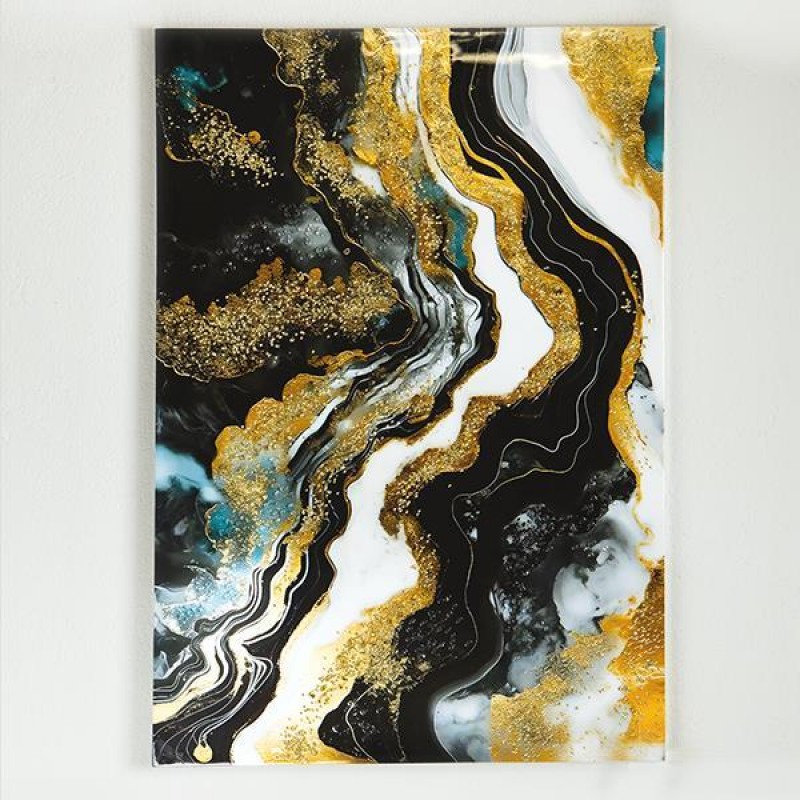 CANVAS  PAINTING, ABSTRACT ART, WHITE-GOLD-BLACK, 70x100x2,5cm 755-12119