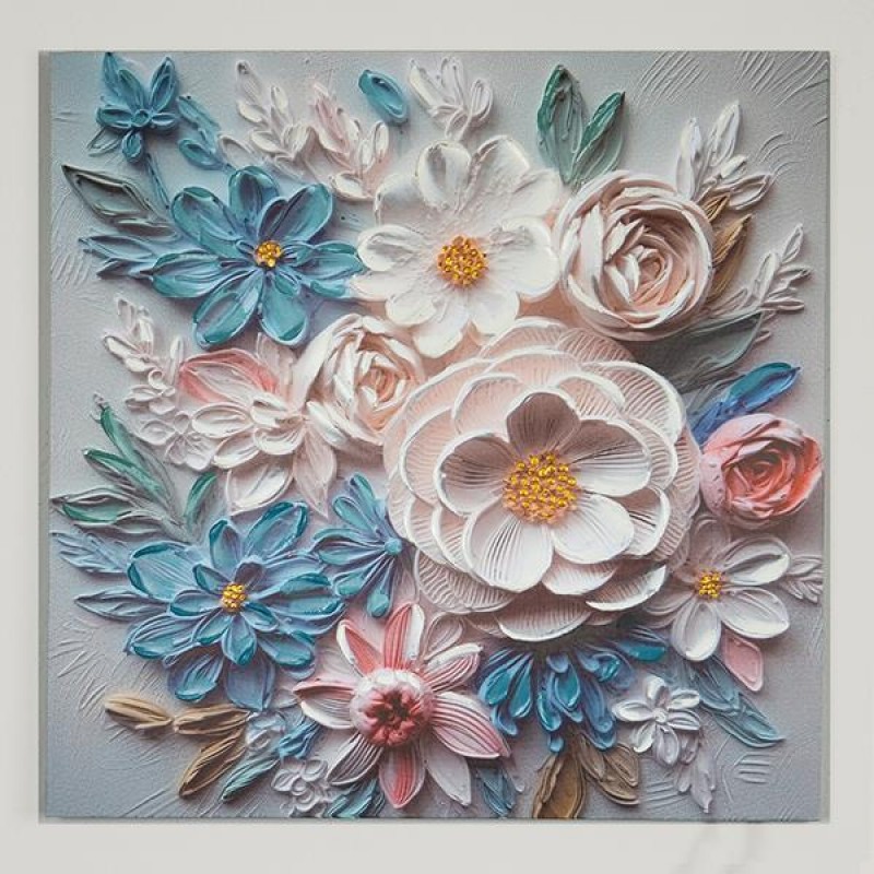 CANVAS  PAINTING ,  FLOWERS, WHITE- BLUE, 80x80x2.5cm 755-12121