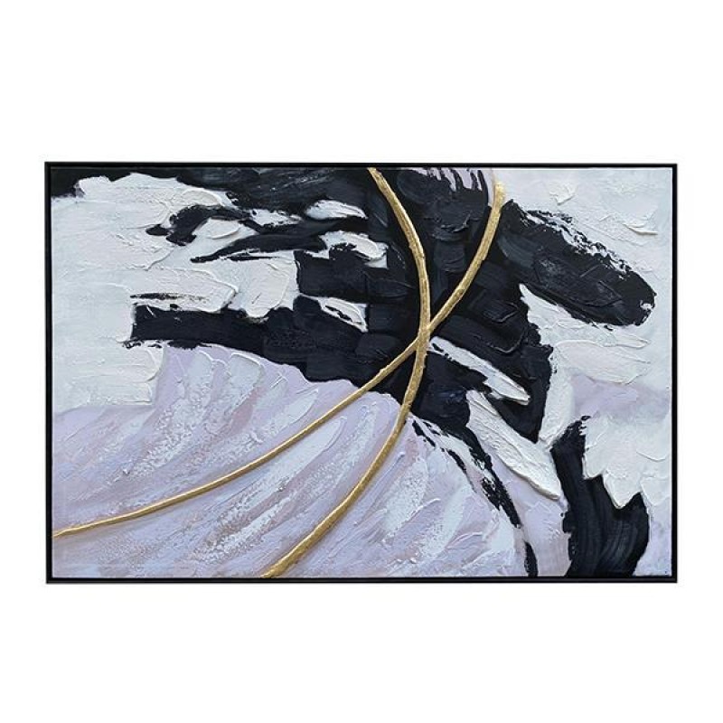 CANVAS  PAINTING, ABSTRACT ART, WHITE-BLACK-GREY-GOLD, 120x80x3.5cm 755-12140