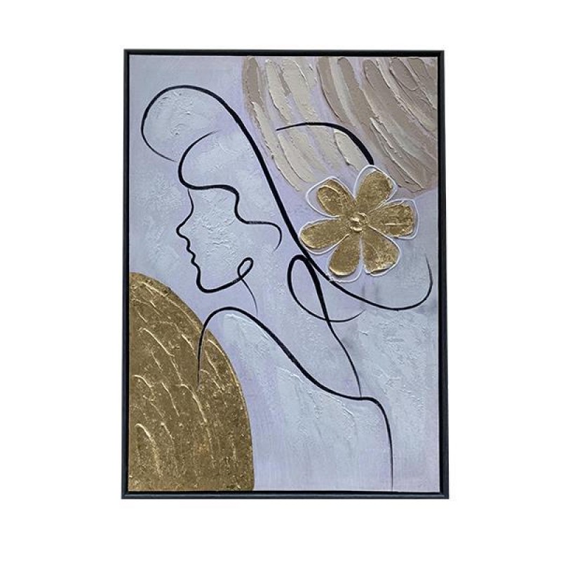 CANVAS  PAINTING, FEMALE, BEIGE-WHITE-BLACK &GOLD, 50x70x3.5cm 755-12146