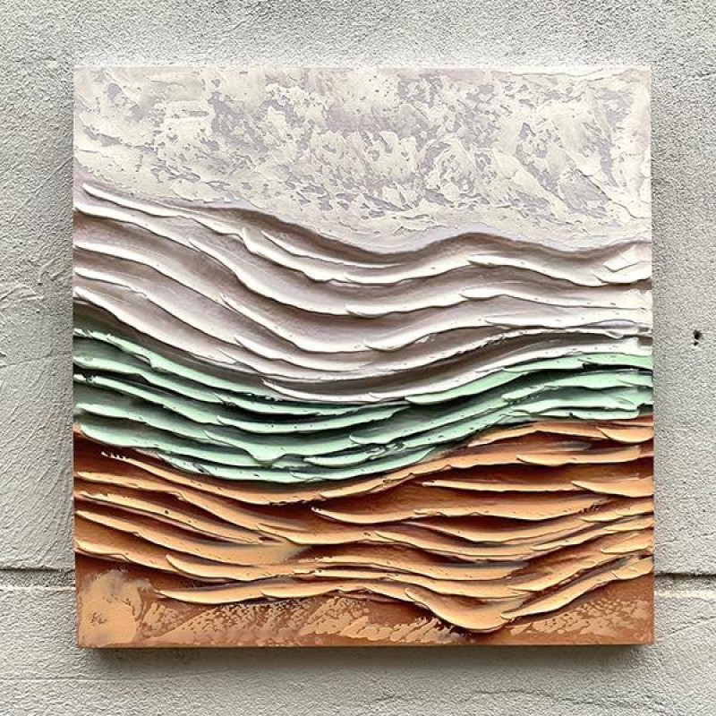 CANVAS  PAINTING, WAVES, WHITE, LIGHT GREEN & LIGHT  BROWN, 60x60x2.3cm 755-12150