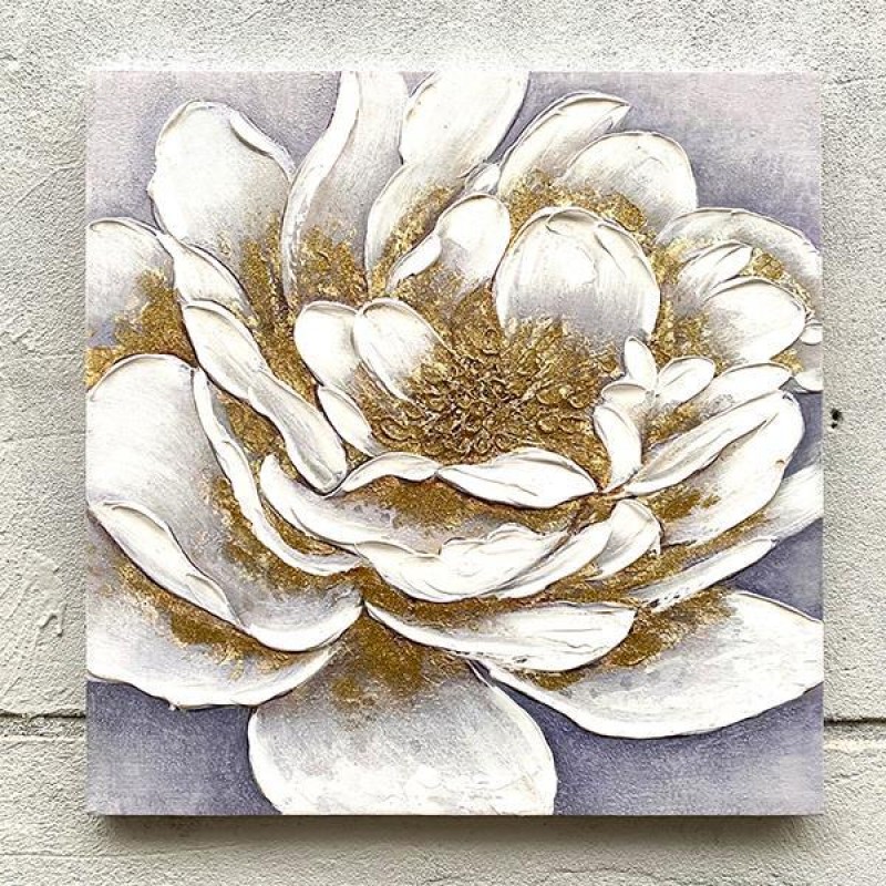 CANVAS  PAINTING,  FLOWER,  WHITE & GOLD, 60x60x2.3cm 755-12152