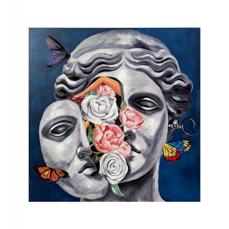 CANVAS PICTURE, FACE WITH FLOWERS, WHITE & BLUE & GREY, 100x100x3.5cm 755-12228
