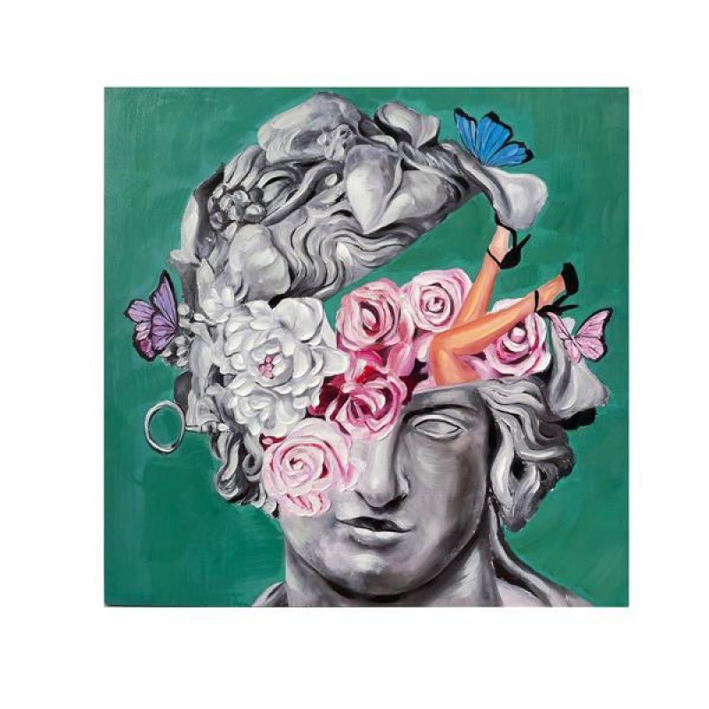 CANVAS PICTURE,  FACE WITH FLOWERS, WHITE & GREEN & GREY, 100x100x3.5cm 755-12229