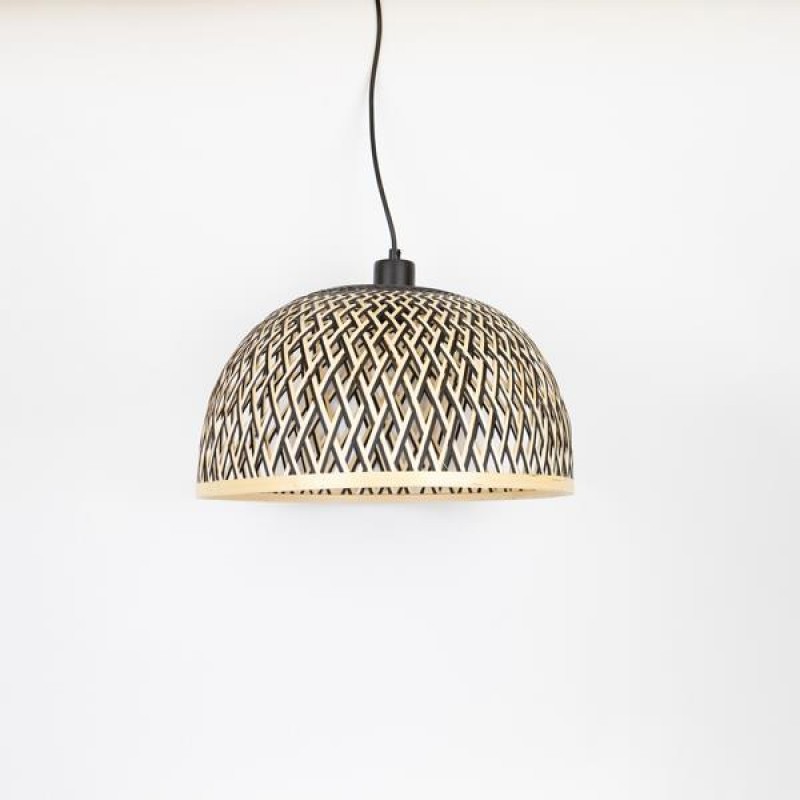PENDANT LAMP,  WITH 2 TONES COLOUR BAMBOO SHADE, METAL-ΒΑΜΒΟΟ,  BLACK- BROWN-NATURAL, 120 cm SHADE: 40x20cm 757-12015
